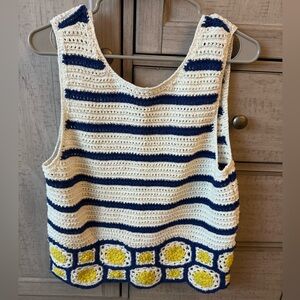 Anthropologie Cream & Navy Crochet Tank with Yellow Accent Motif